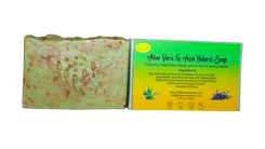 Bar of soap with a green label on a white background