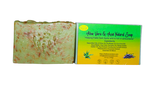 Bar of soap with a green label on a white background