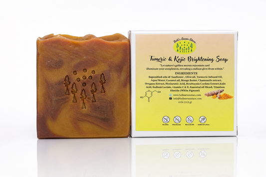 Bar of Tumeric & Kojic Brightening Soap with packaging on a white background